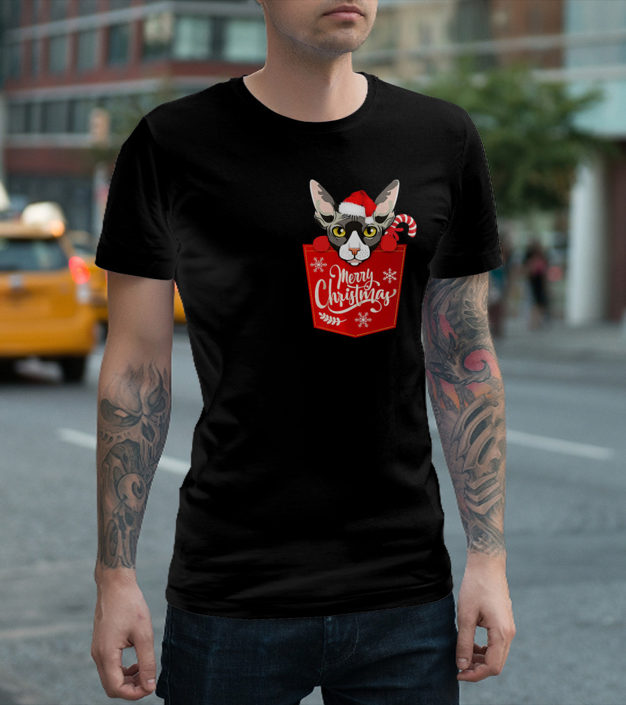 Merry Christmas Sphynx Cat With Santa Hat And Candy Cane In Red Pocket T-Shirt