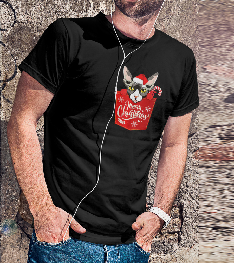 Merry Christmas Sphynx Cat With Santa Hat And Candy Cane In Red Pocket T-Shirt