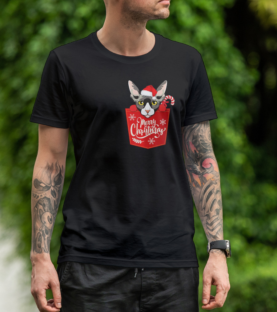 Merry Christmas Sphynx Cat With Santa Hat And Candy Cane In Red Pocket T-Shirt