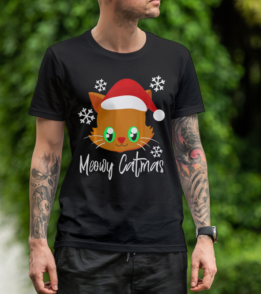 Meowy Catmas Cute Santa Hat Kitten Kawaii Cat Face T-Shirt
