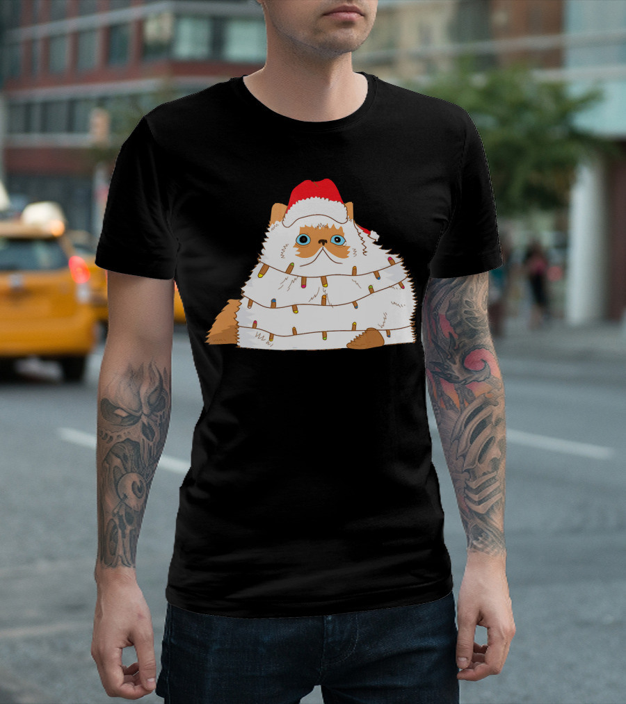 Himalayan Cat Wrapped in Christmas Lights Wearing Santa Hat T-Shirt