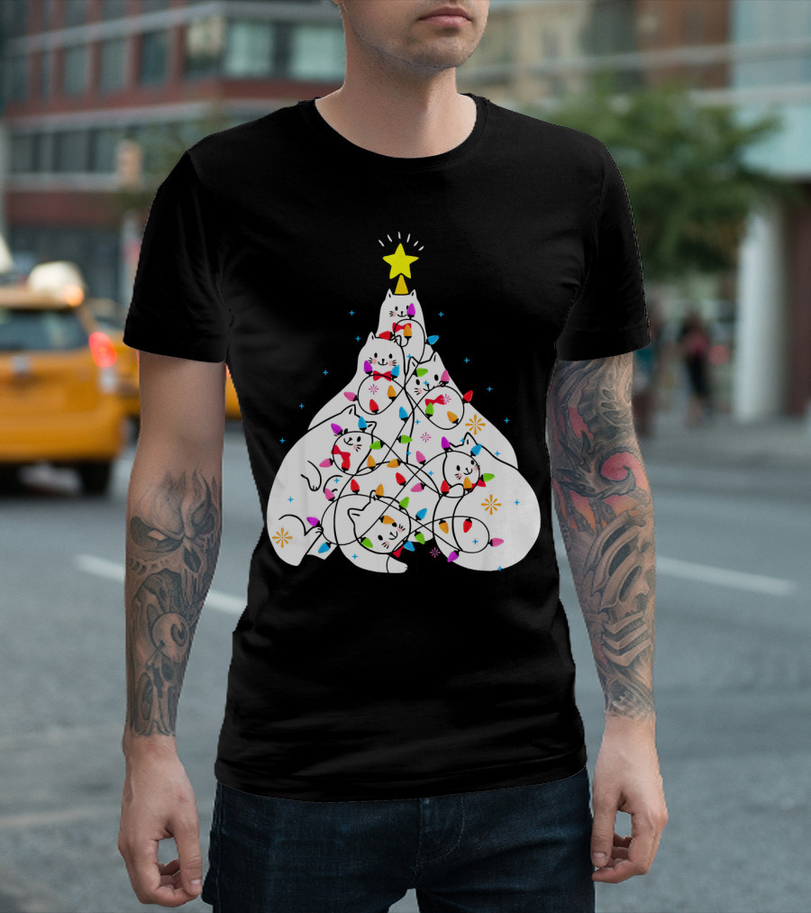 Cat Christmas Tree Kittens Festive Lights Star T-Shirt