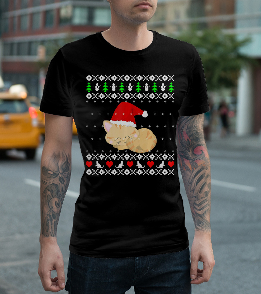 Kitten Santa Hat Christmas Snowflakes Hearts Trees T-Shirt