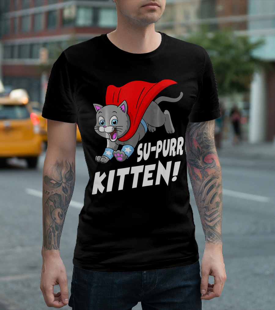Su-Purr Kitten Funny Hero Cat with Red Cape and Stars T-Shirt