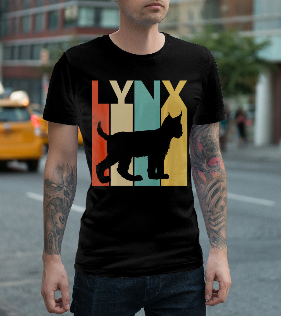 Vintage Lynx Silhouette with Colorful Vertical Stripes T-Shirt