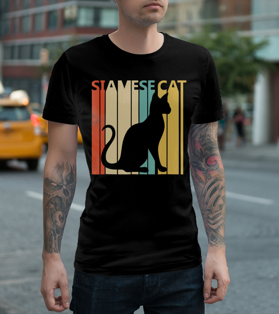 Siamese Cat Silhouette Vintage Style Retro Stripes T-Shirt