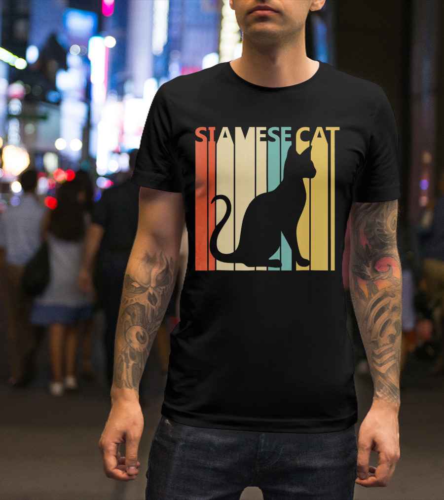 Siamese Cat Silhouette Vintage Style Retro Stripes T-Shirt