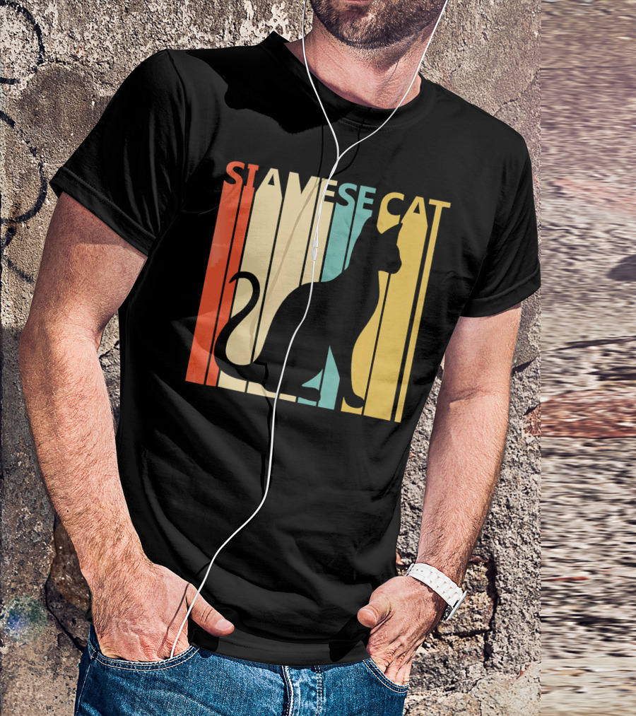 Siamese Cat Silhouette Vintage Style Retro Stripes T-Shirt