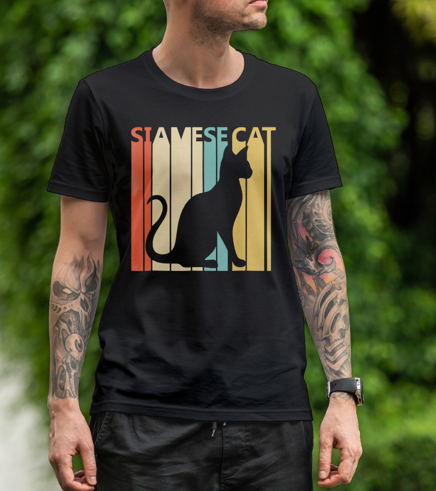 Siamese Cat Silhouette Vintage Style Retro Stripes T-Shirt
