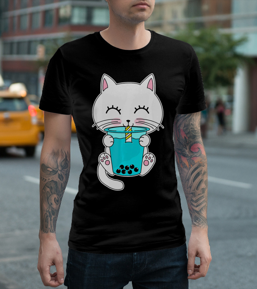 Boba Cat Kitten Drinking Bubble Tea Cup T-Shirt