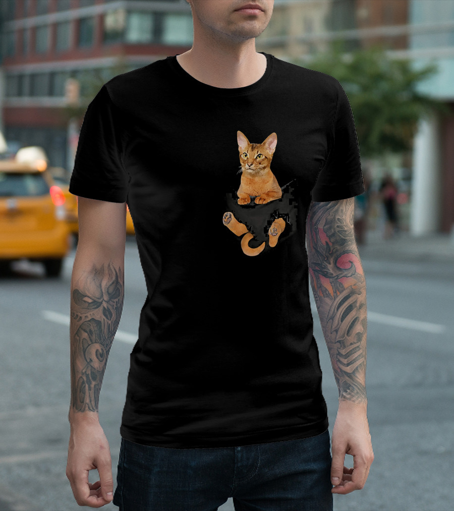 Abyssinian Cat Peeking from Pocket T-Shirt