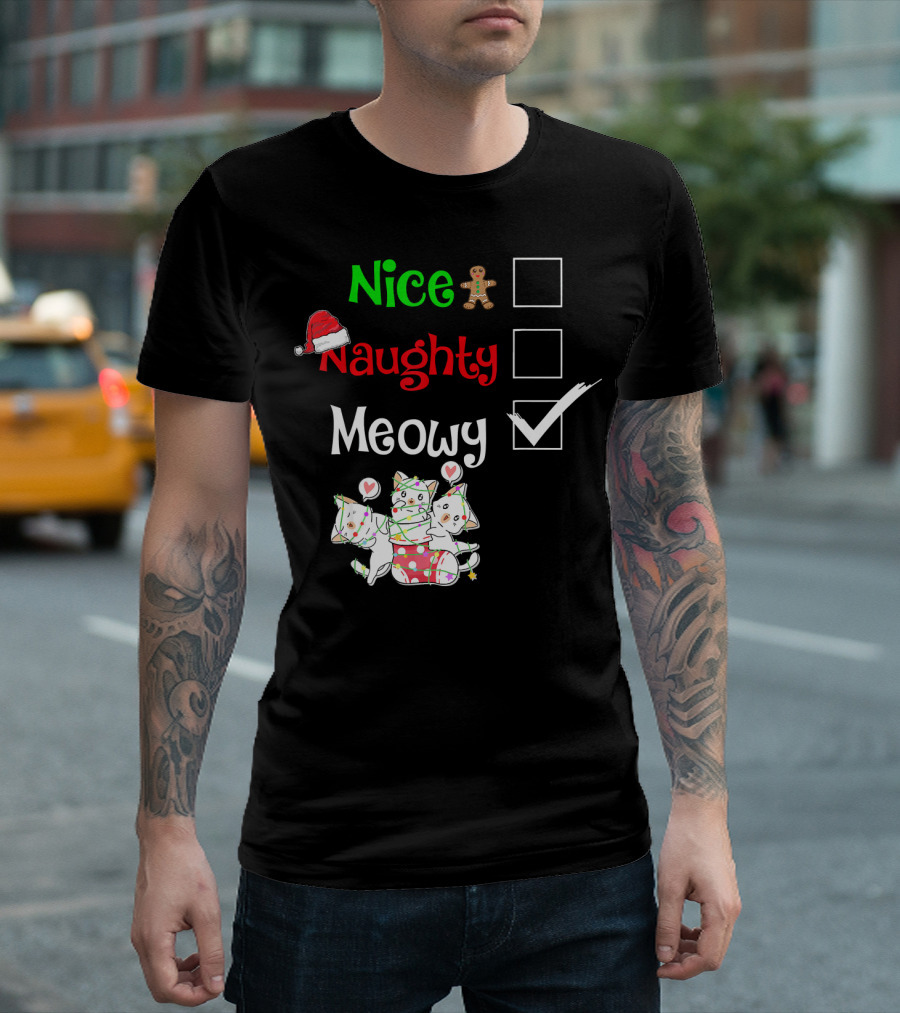 Nice Naughty Meowy Cat Kitty Kitten Santa Hat Gingerbread Holiday Checklist T-Shirt