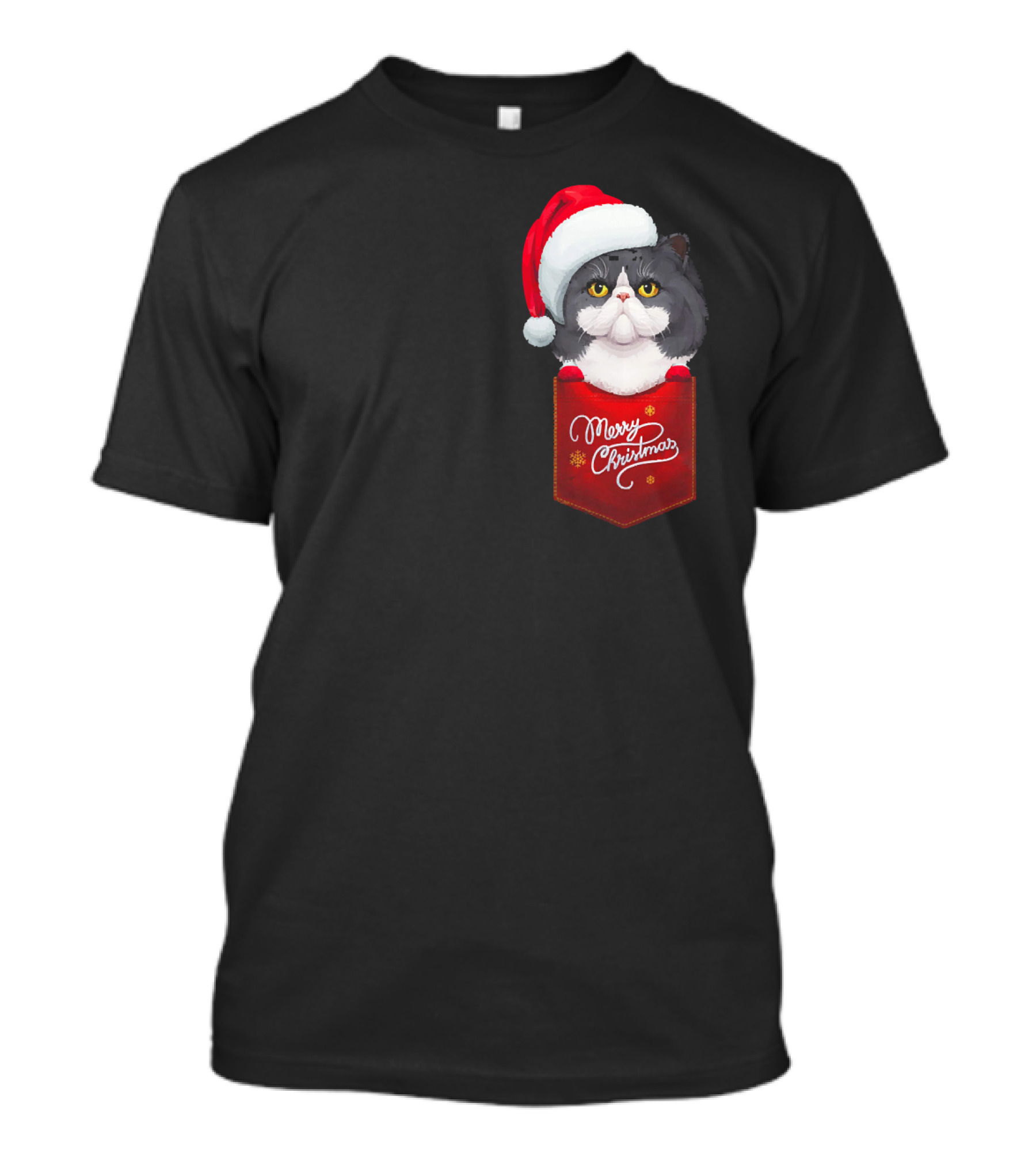 Merry Christmas Black And White Persian Cat In Santa Hat Pocket T-Shirt