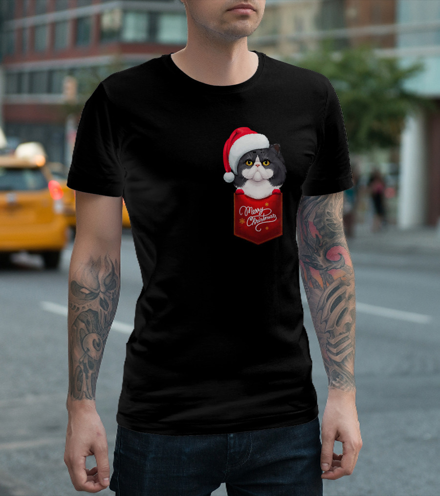 Merry Christmas Black And White Persian Cat In Santa Hat Pocket T-Shirt