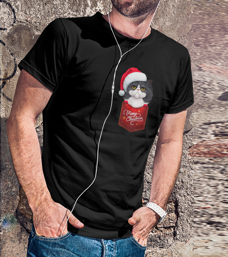 Merry Christmas Black And White Persian Cat In Santa Hat Pocket T-Shirt