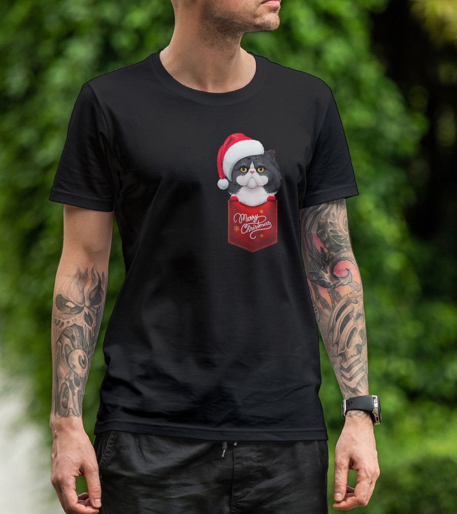 Merry Christmas Black And White Persian Cat In Santa Hat Pocket T-Shirt