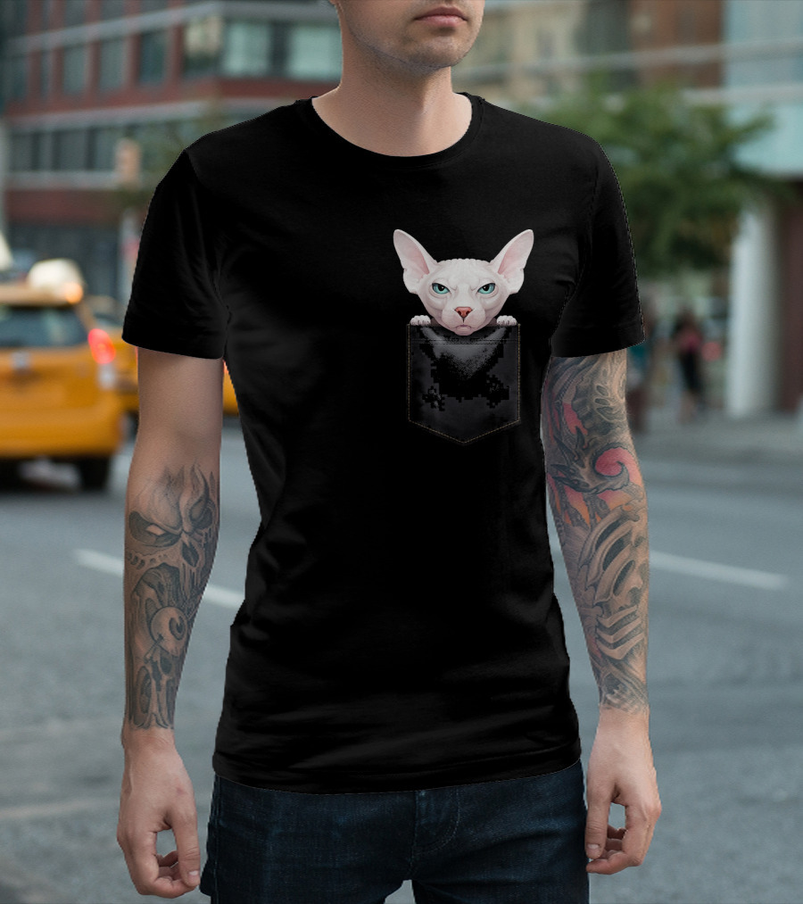 Sphynx Cat Peeking from Pixelated Pocket T-Shirt