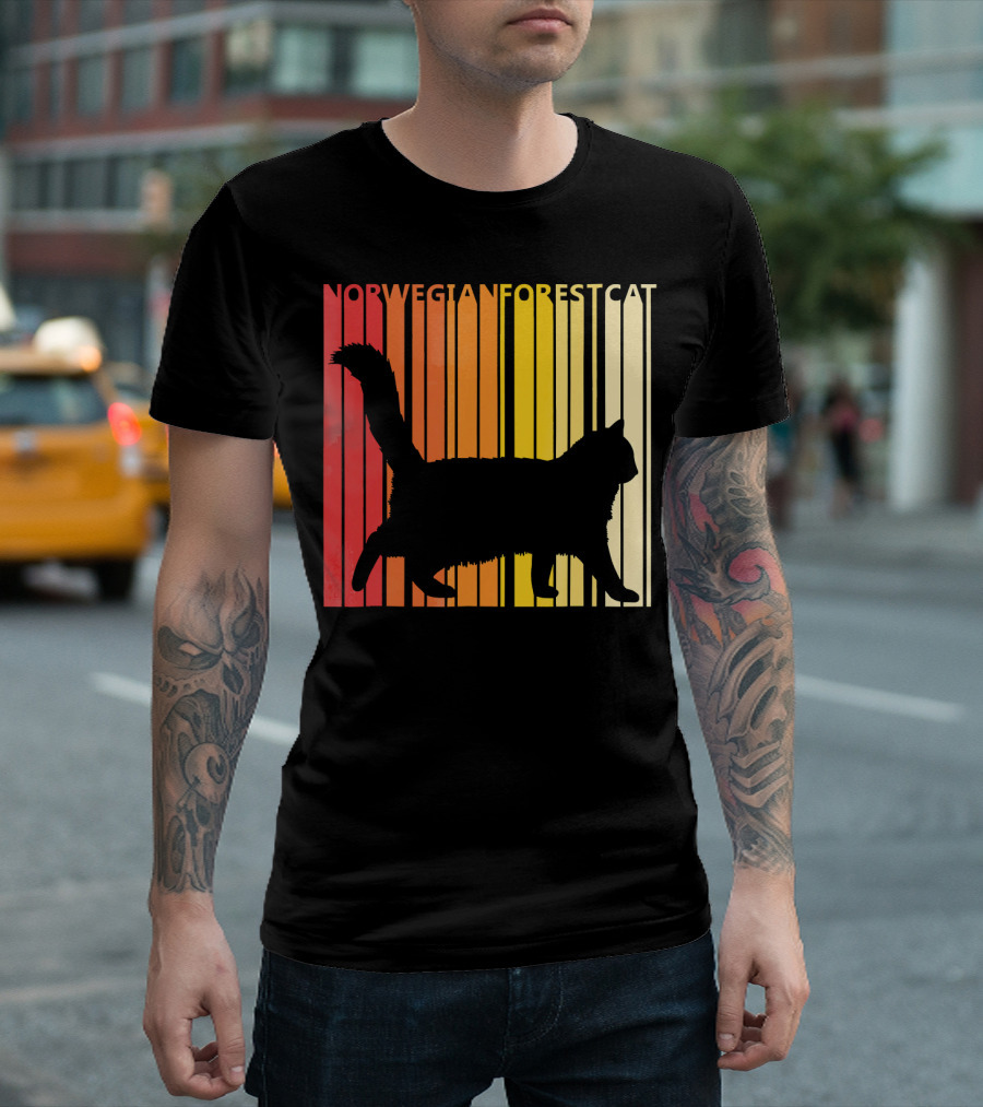 Retro Norwegian Forest Cat Silhouette Vintage Stripes T-Shirt