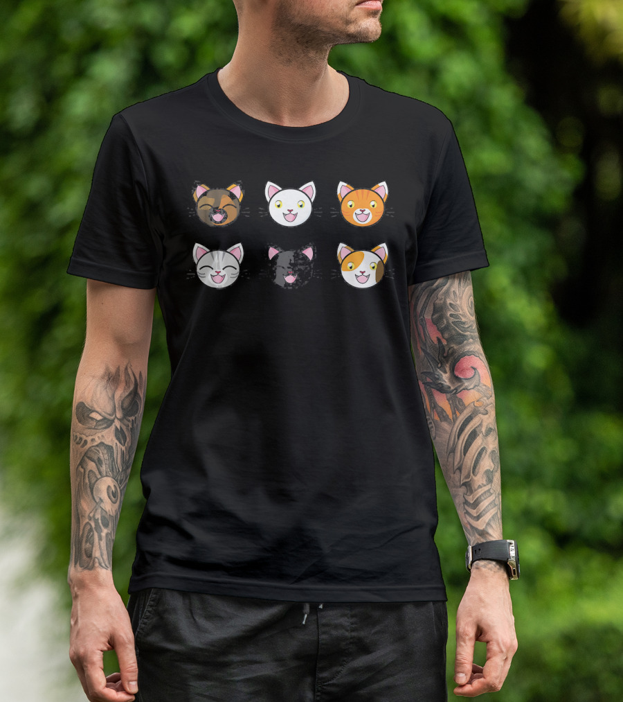 Happy Cute Kitty Anime Kawaii Neko Kitte Whiskers Faces Brown White Orange Gray Black Calico T-Shirt