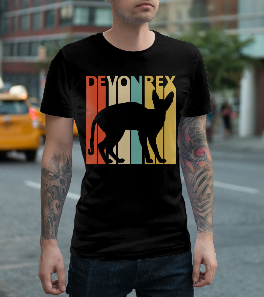 Vintage Devon Rex Cat Silhouette Retro Stripes T-Shirt