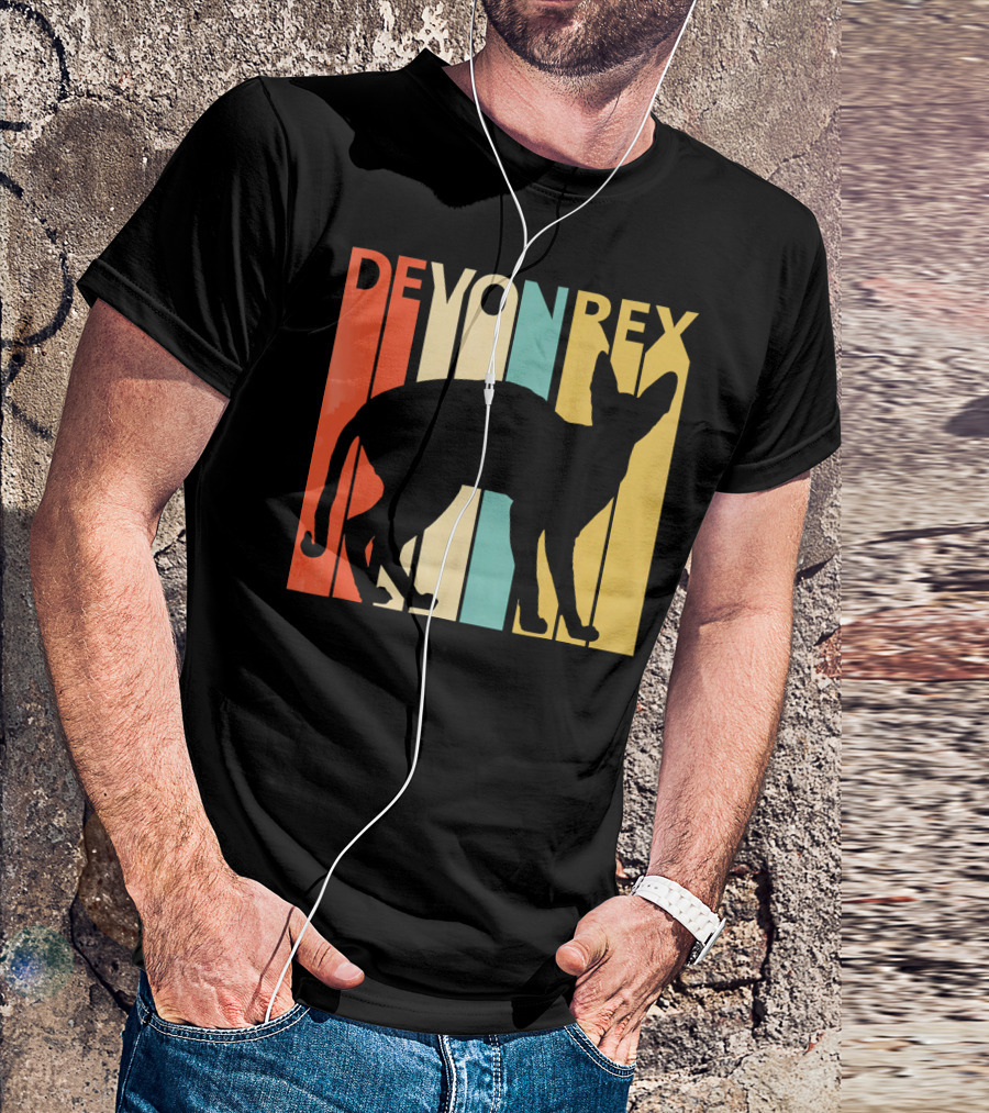 Vintage Devon Rex Cat Silhouette Retro Stripes T-Shirt