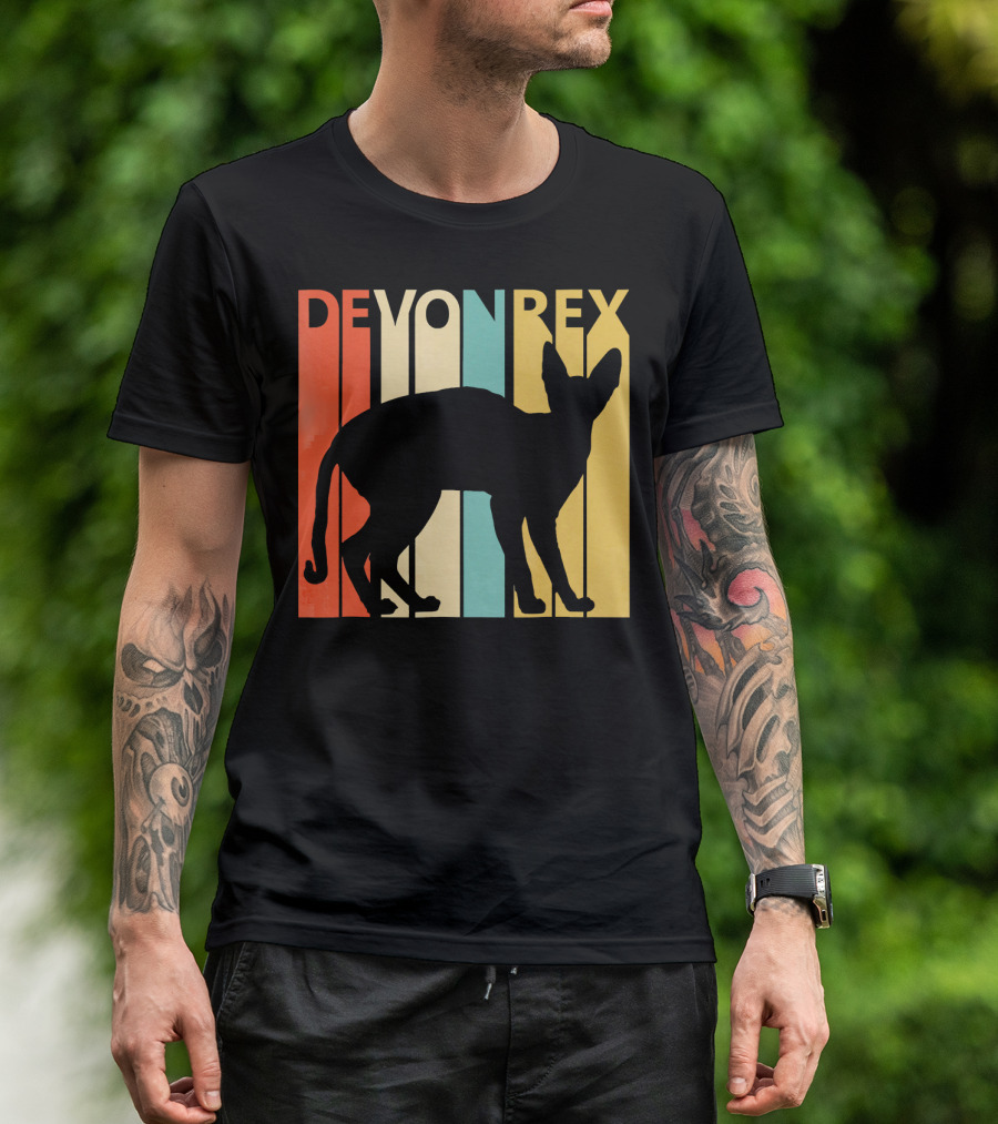 Vintage Devon Rex Cat Silhouette Retro Stripes T-Shirt