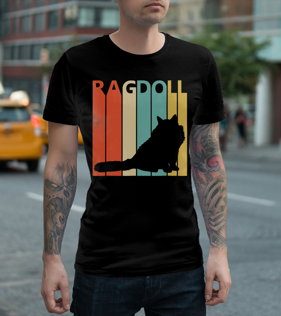 Ragdoll Cat Silhouette Vintage Style Stripes T-Shirt