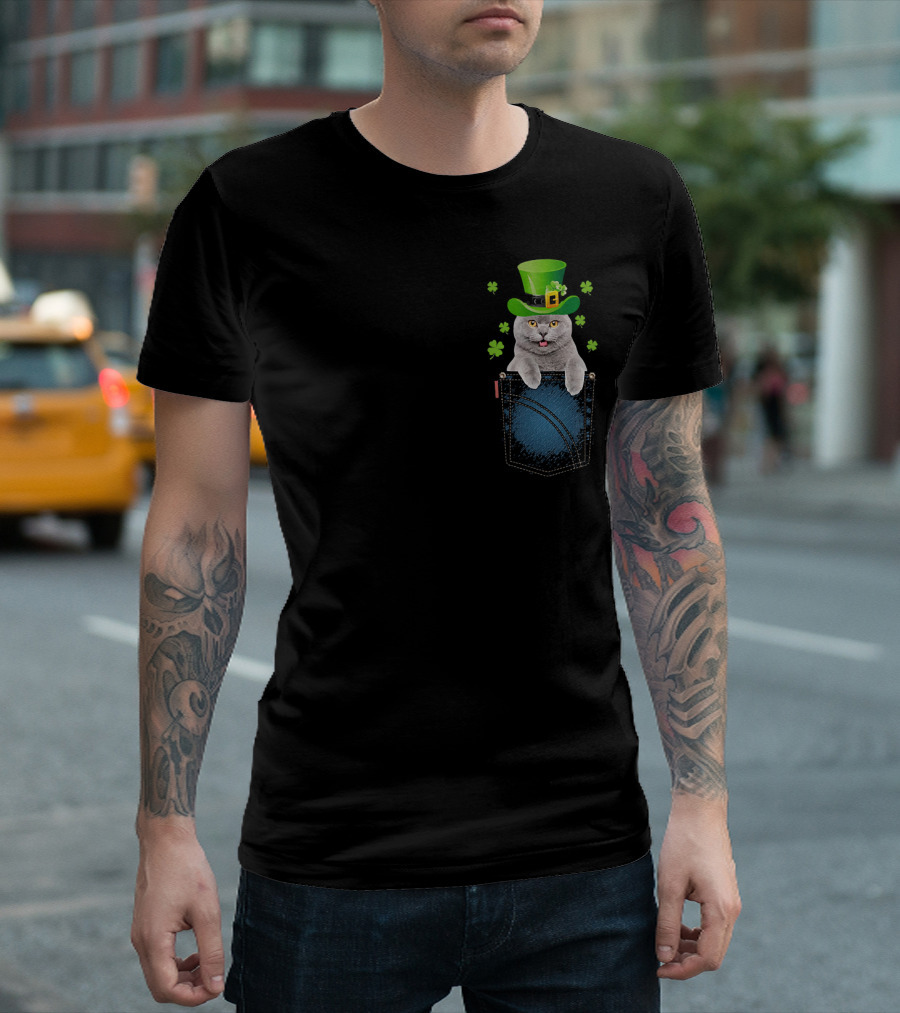 St Patricks Day Cat Wearing Leprechaun Hat in Pocket with Shamrocks T-Shirt