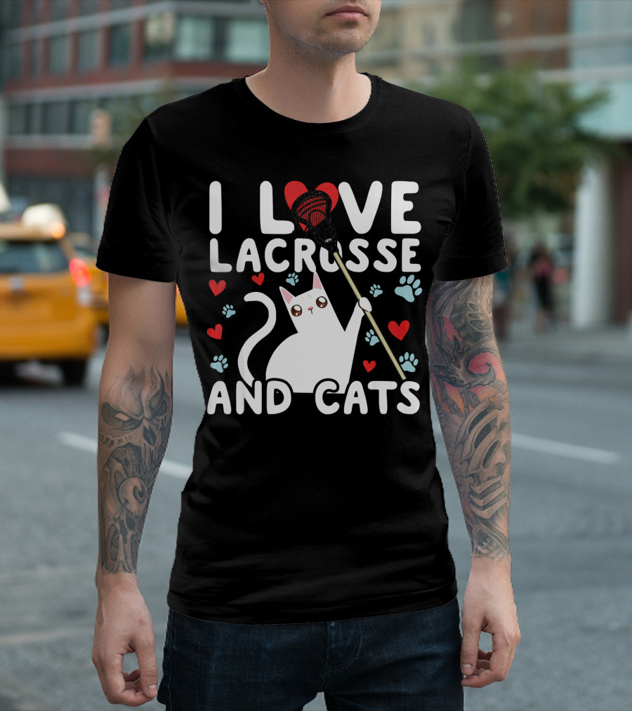 I Love Lacrosse And Cats White Cat With Lacrosse Stick Hearts And Paw Prints T-Shirt