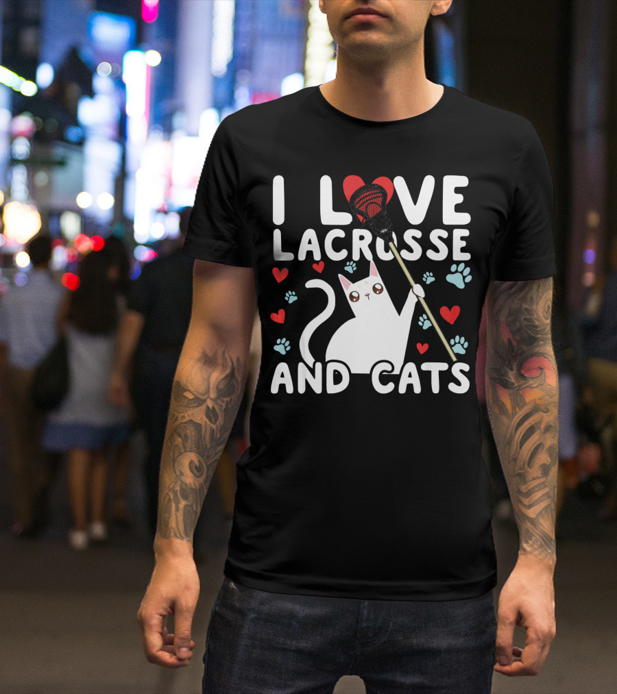 I Love Lacrosse And Cats White Cat With Lacrosse Stick Hearts And Paw Prints T-Shirt