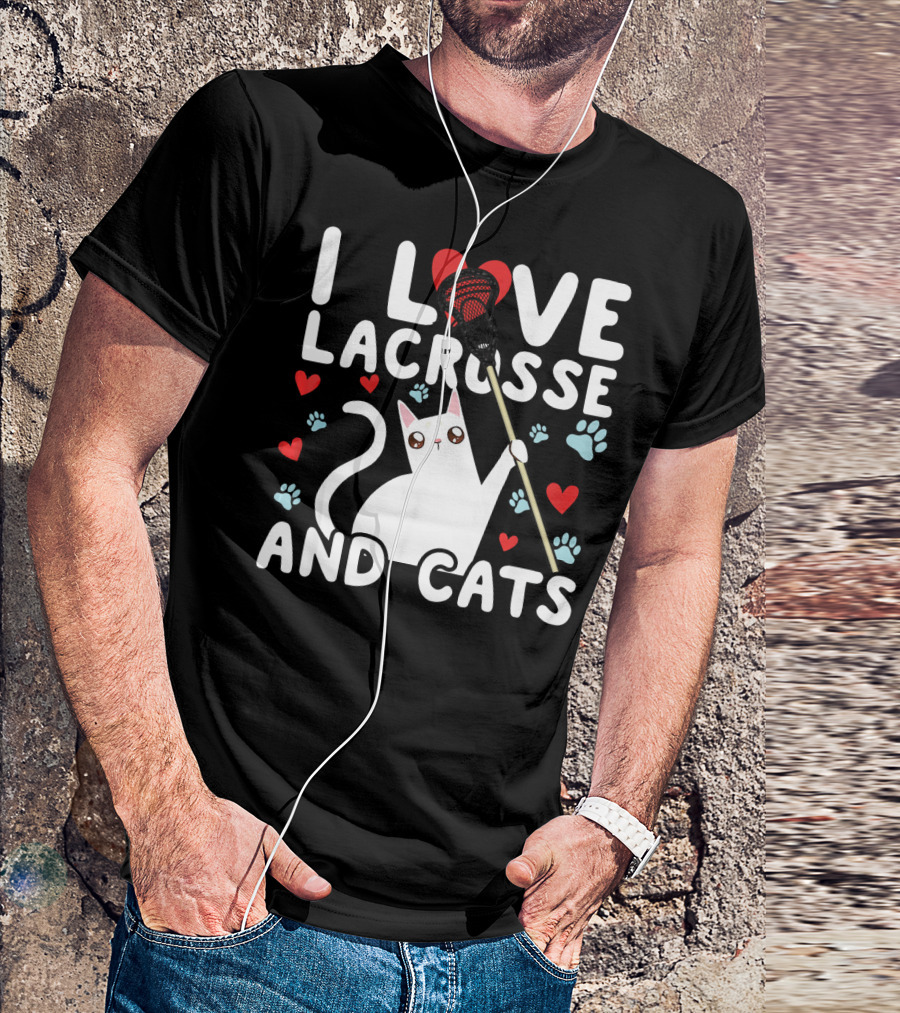 I Love Lacrosse And Cats White Cat With Lacrosse Stick Hearts And Paw Prints T-Shirt