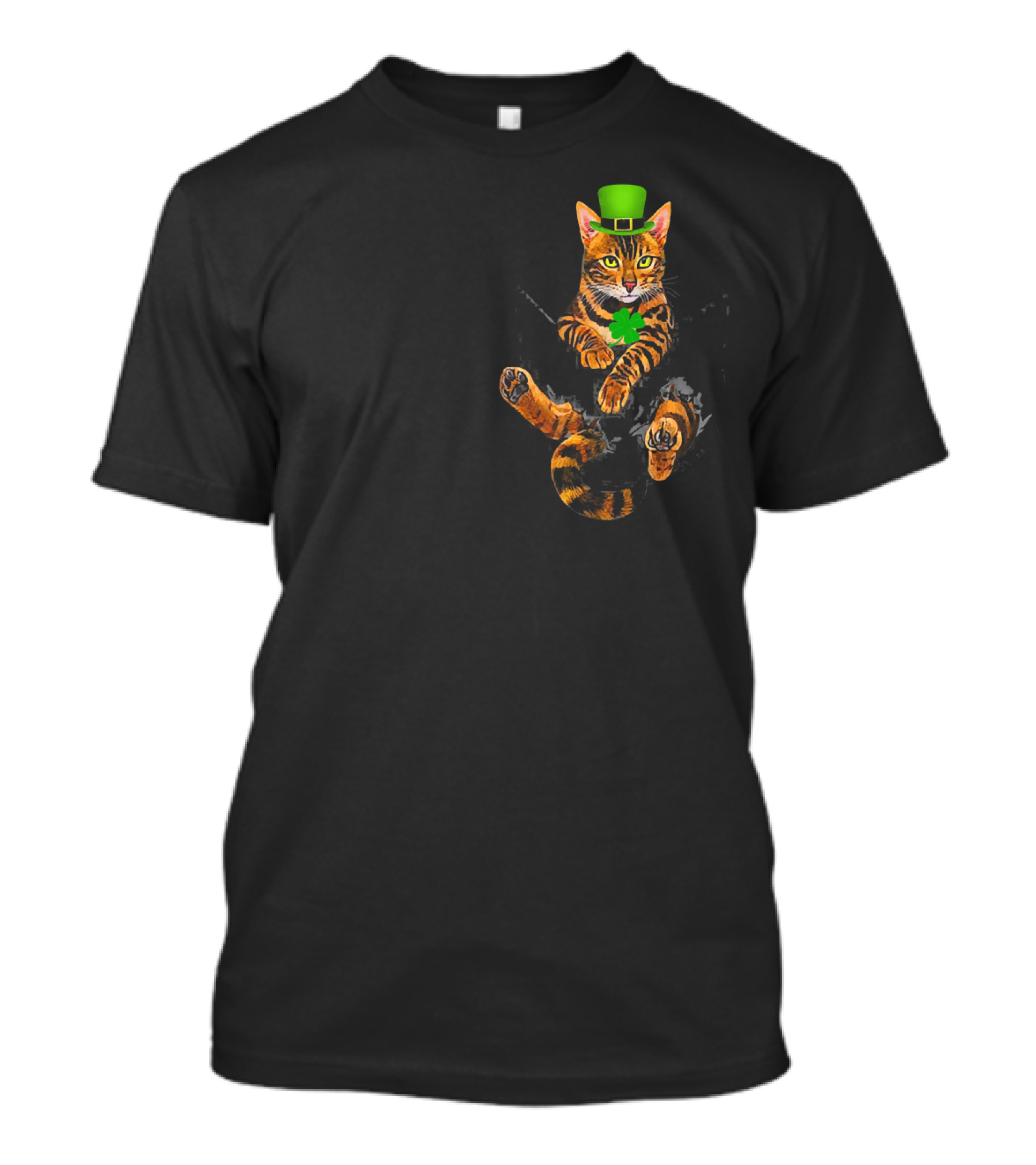 St Patricks Day Bengal Cat In Your Pocket With Leprechaun Hat And Shamrock T-Shirt