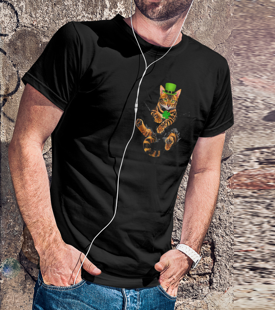 St Patricks Day Bengal Cat In Your Pocket With Leprechaun Hat And Shamrock T-Shirt
