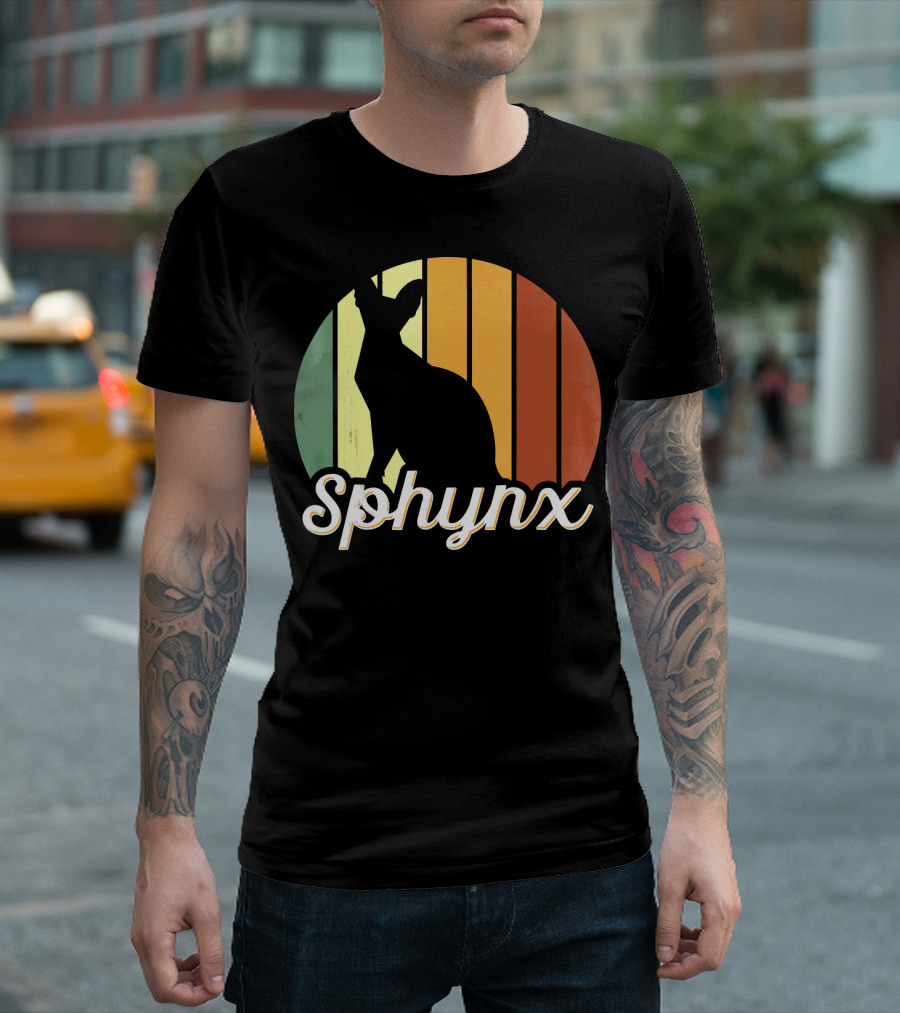 Sphynx Cat Silhouette Retro Vintage Stripes T-Shirt