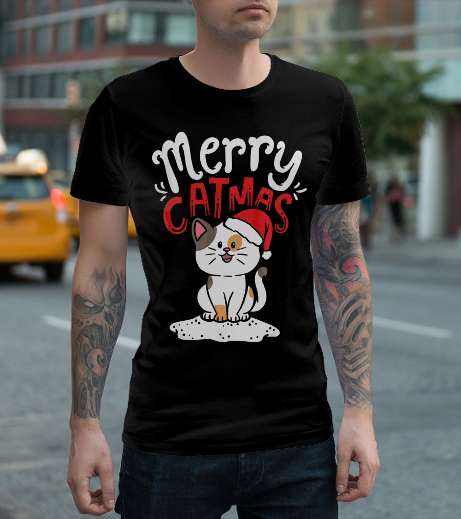 Merry Catmas Cute Kitten Santa Hat Christmas T-Shirt
