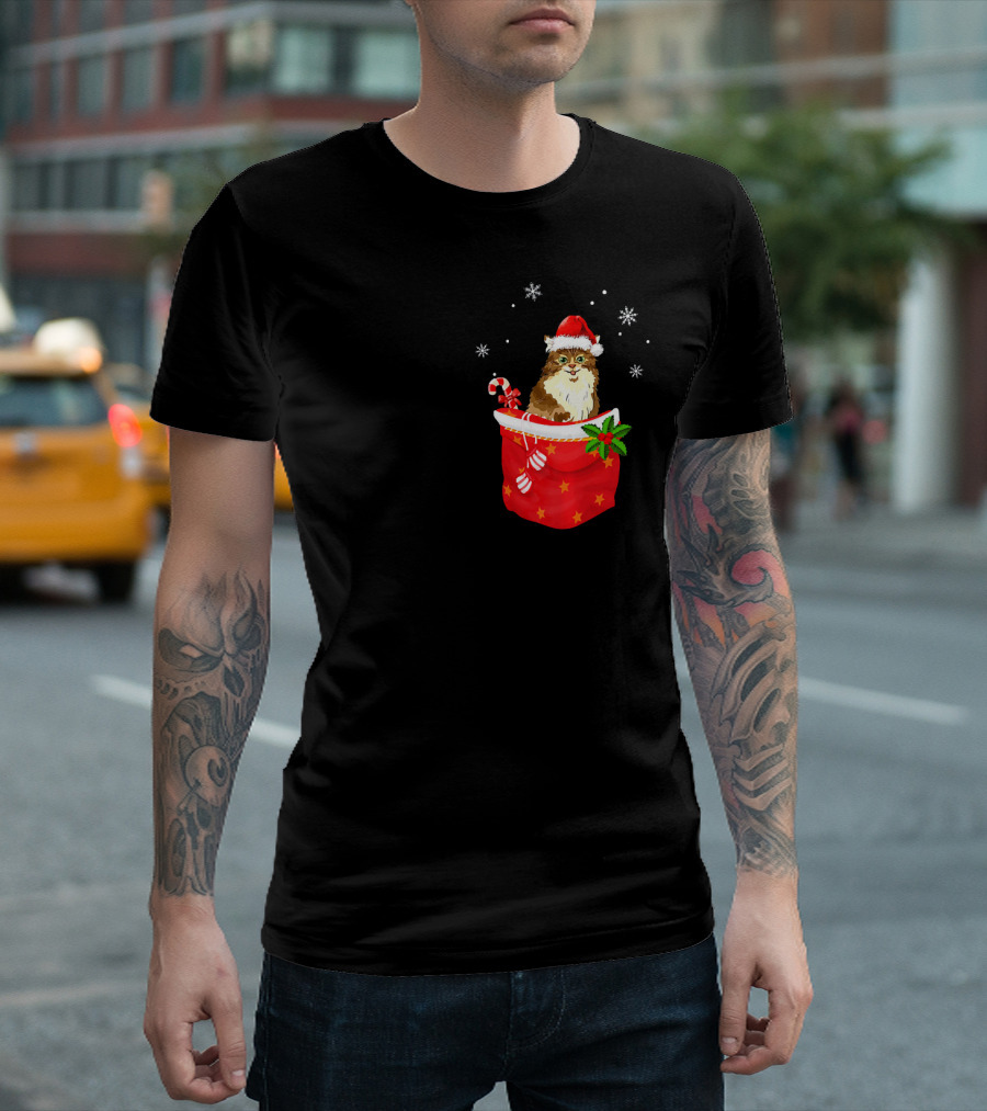Xmas Maine Coon Cat Wearing Santa Hat in Festive Pocket with Candy Cane and Stars T-Shirt