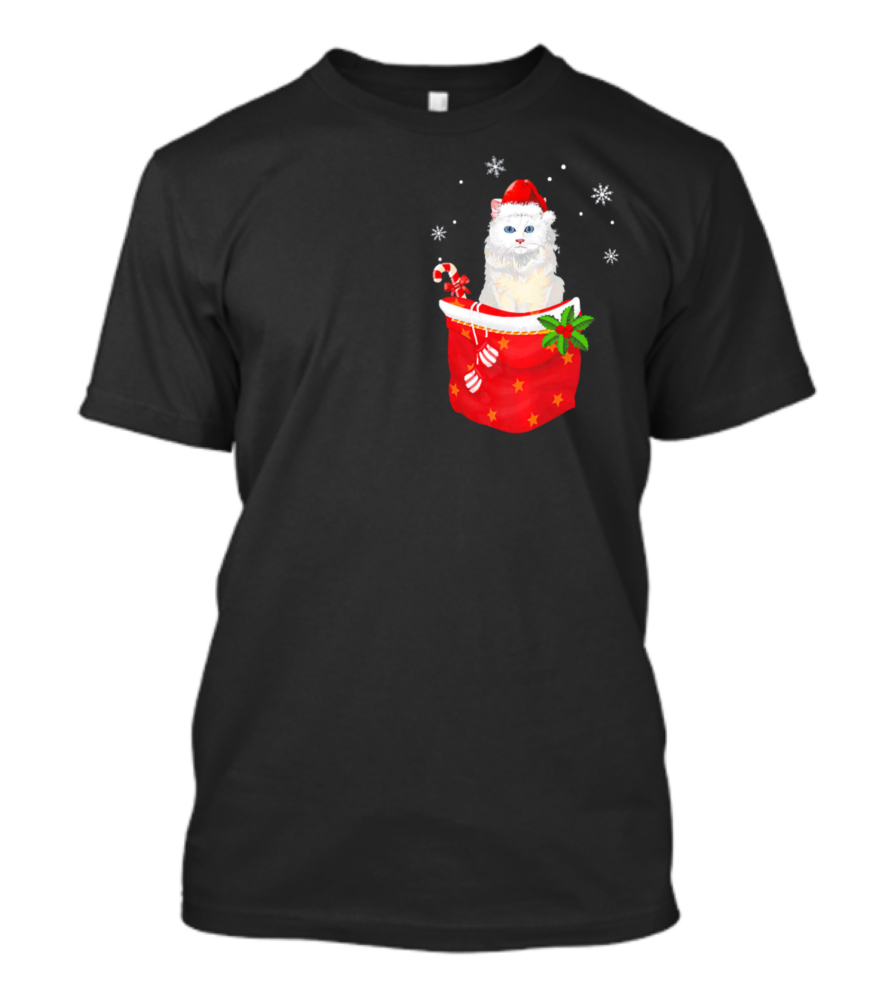 Christmas Persian Cat Wearing Santa Hat With Candy Canes And Snowflakes In Pocket T-Shirt