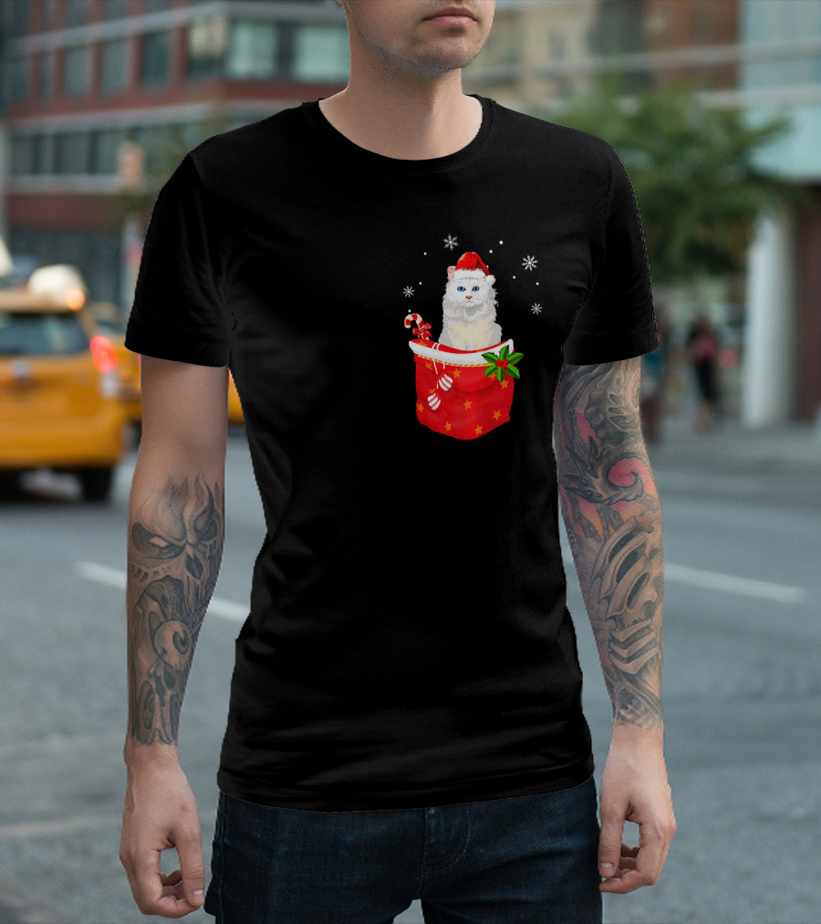 Christmas Persian Cat Wearing Santa Hat With Candy Canes And Snowflakes In Pocket T-Shirt