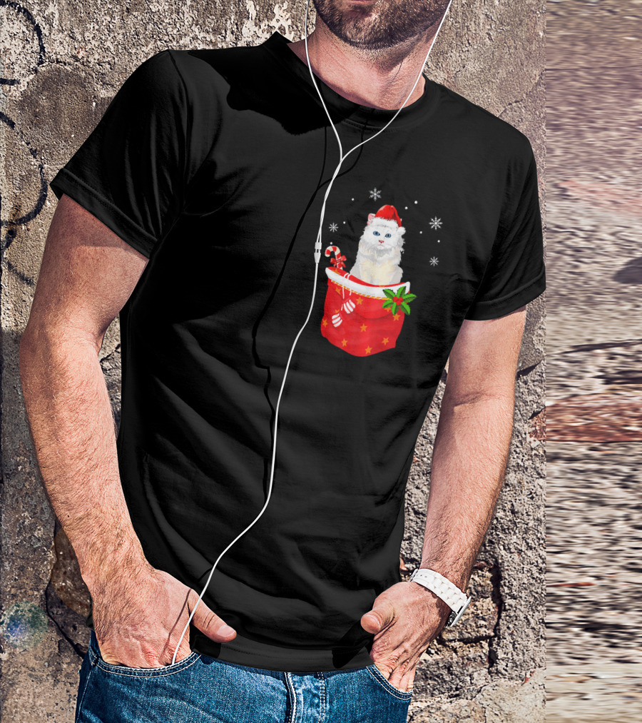 Christmas Persian Cat Wearing Santa Hat With Candy Canes And Snowflakes In Pocket T-Shirt
