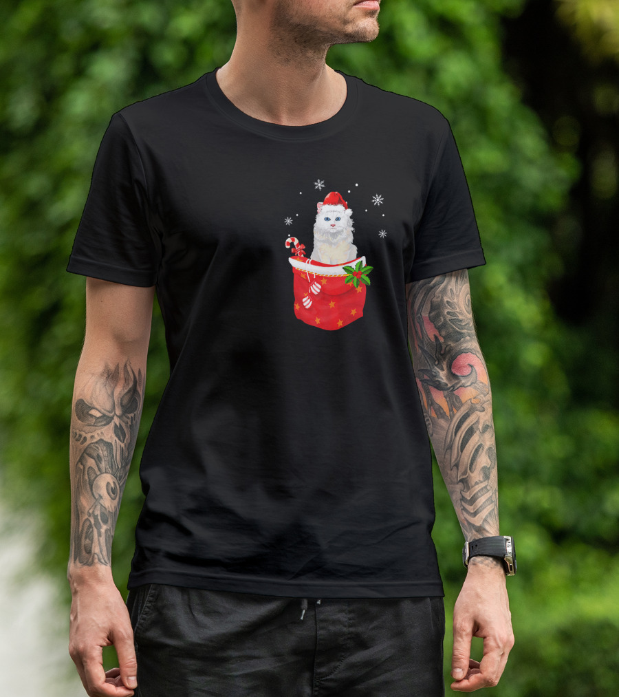 Christmas Persian Cat Wearing Santa Hat With Candy Canes And Snowflakes In Pocket T-Shirt