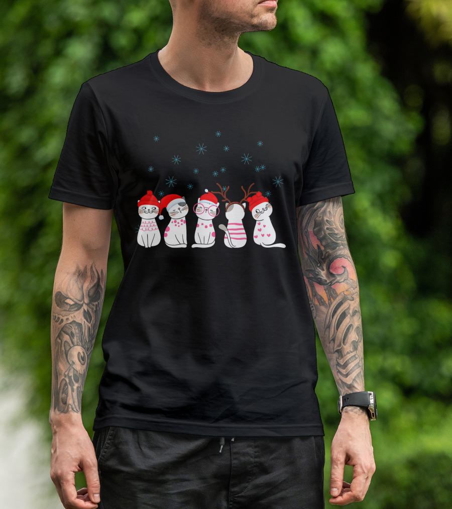 Xmas Cats Cute Animal Cat Lover Pet Festive Holiday Kittens With Hats And Antlers T-Shirt