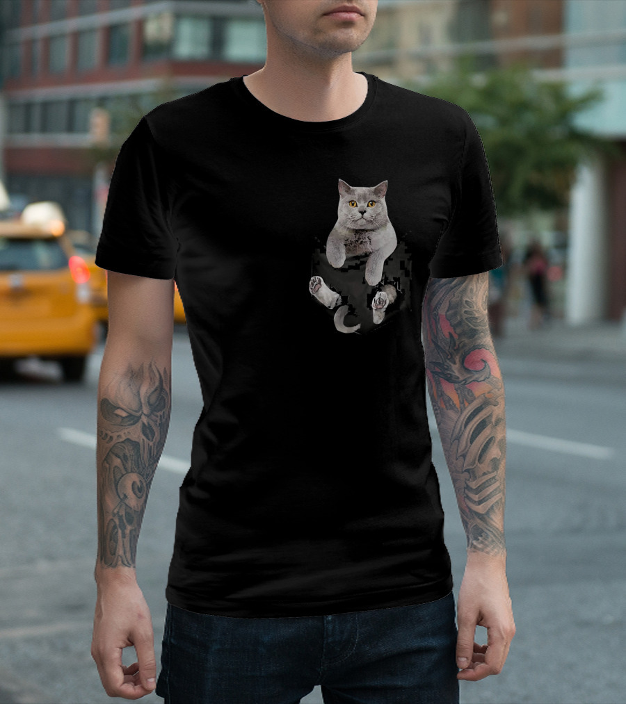 Chartreux Cat Poking Out of Pocket T-Shirt