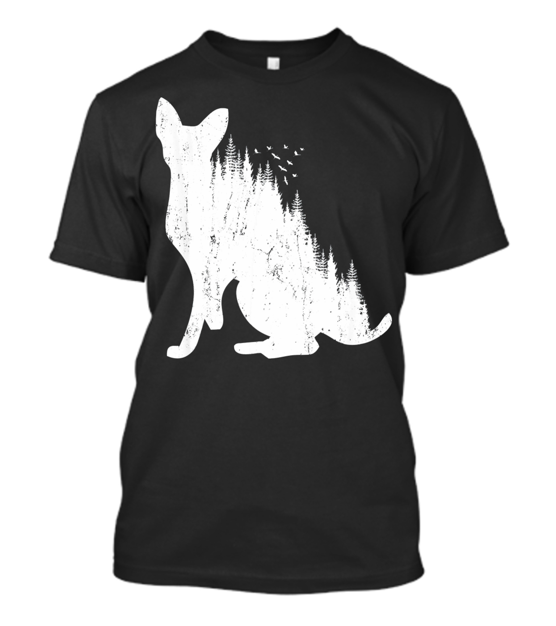 DEVON REX Cat Silhouette With Pine Forest And Birds Nature T-Shirt
