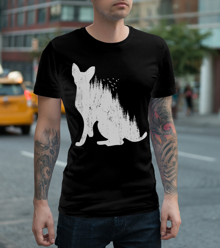 DEVON REX Cat Silhouette With Pine Forest And Birds Nature T-Shirt