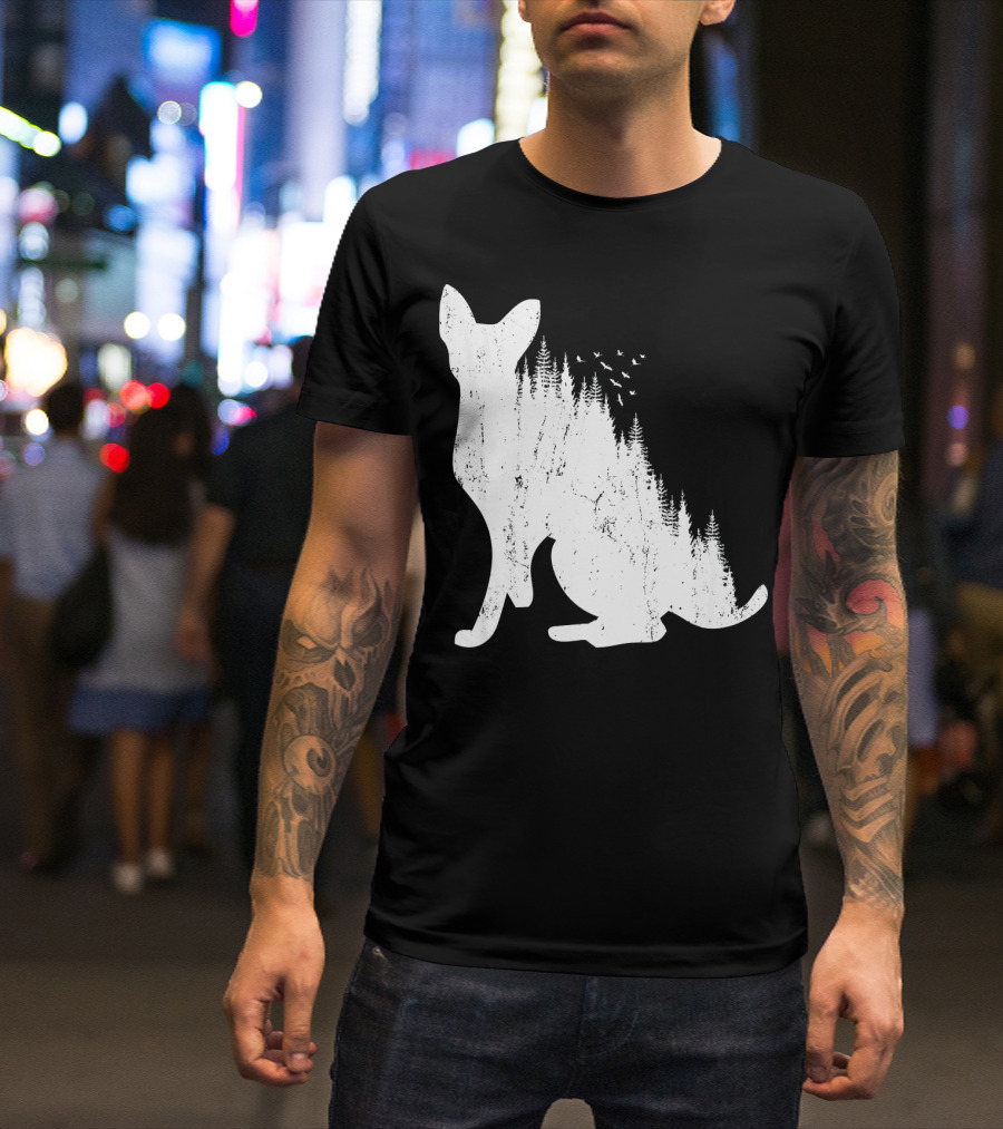 DEVON REX Cat Silhouette With Pine Forest And Birds Nature T-Shirt