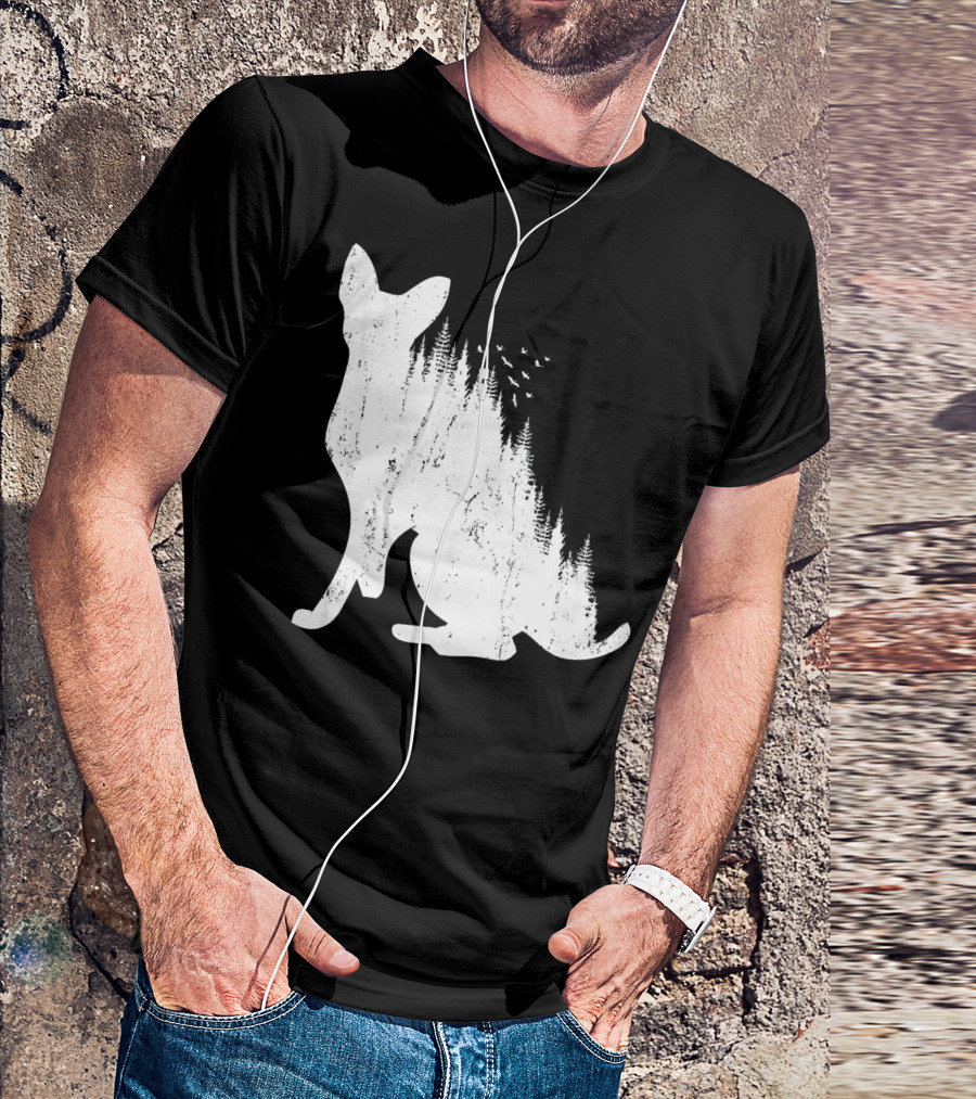 DEVON REX Cat Silhouette With Pine Forest And Birds Nature T-Shirt