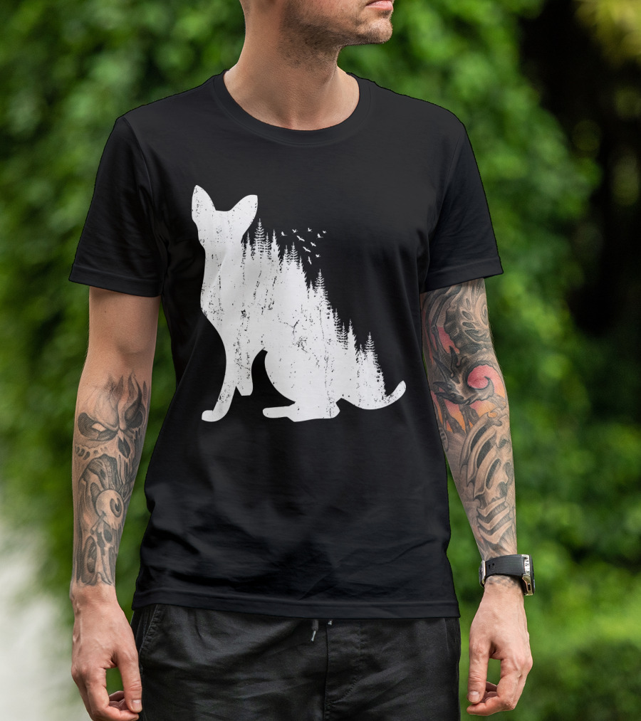 DEVON REX Cat Silhouette With Pine Forest And Birds Nature T-Shirt