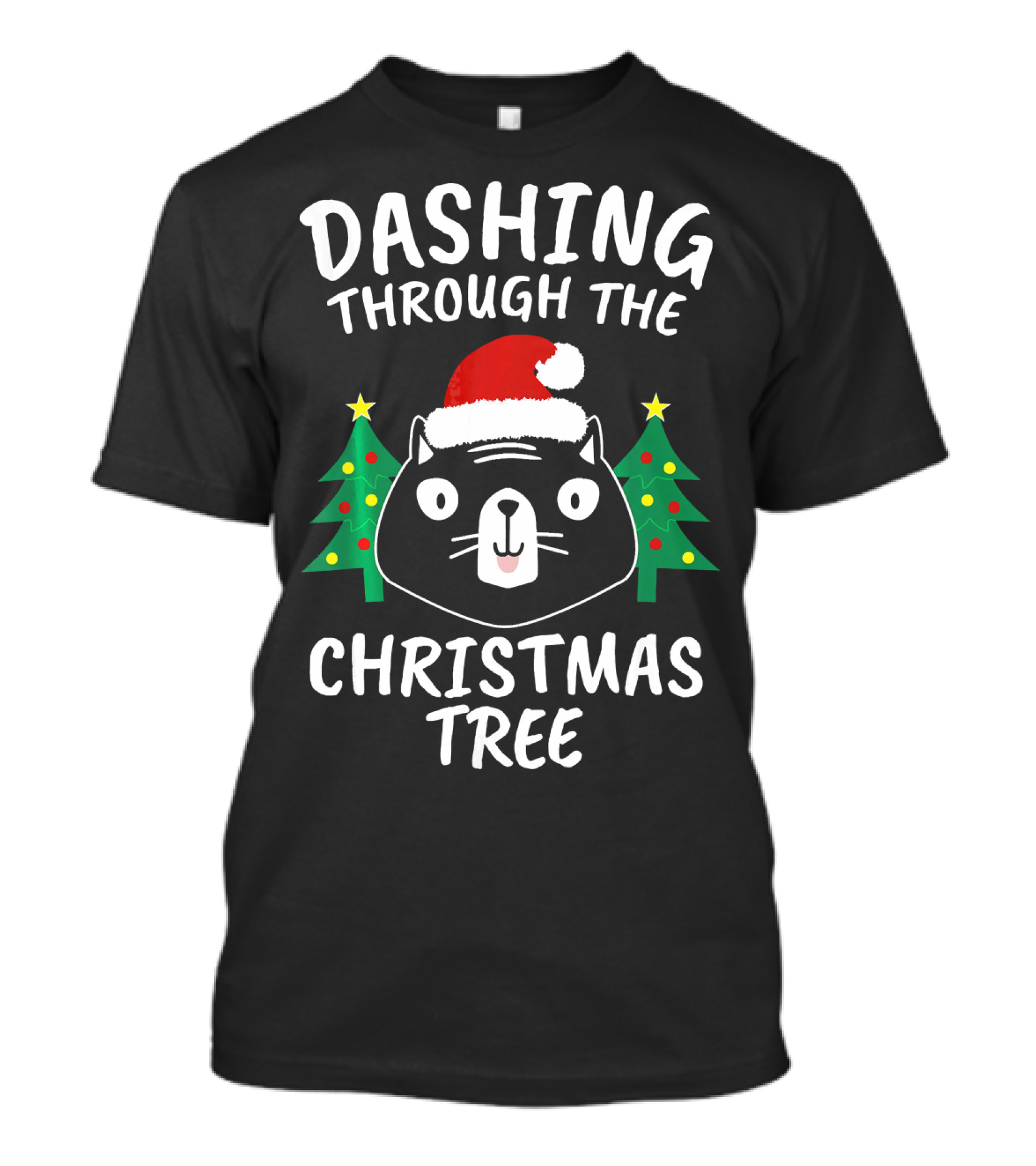 Dashing Through The Christmas Tree Cat Santa Hat T-Shirt