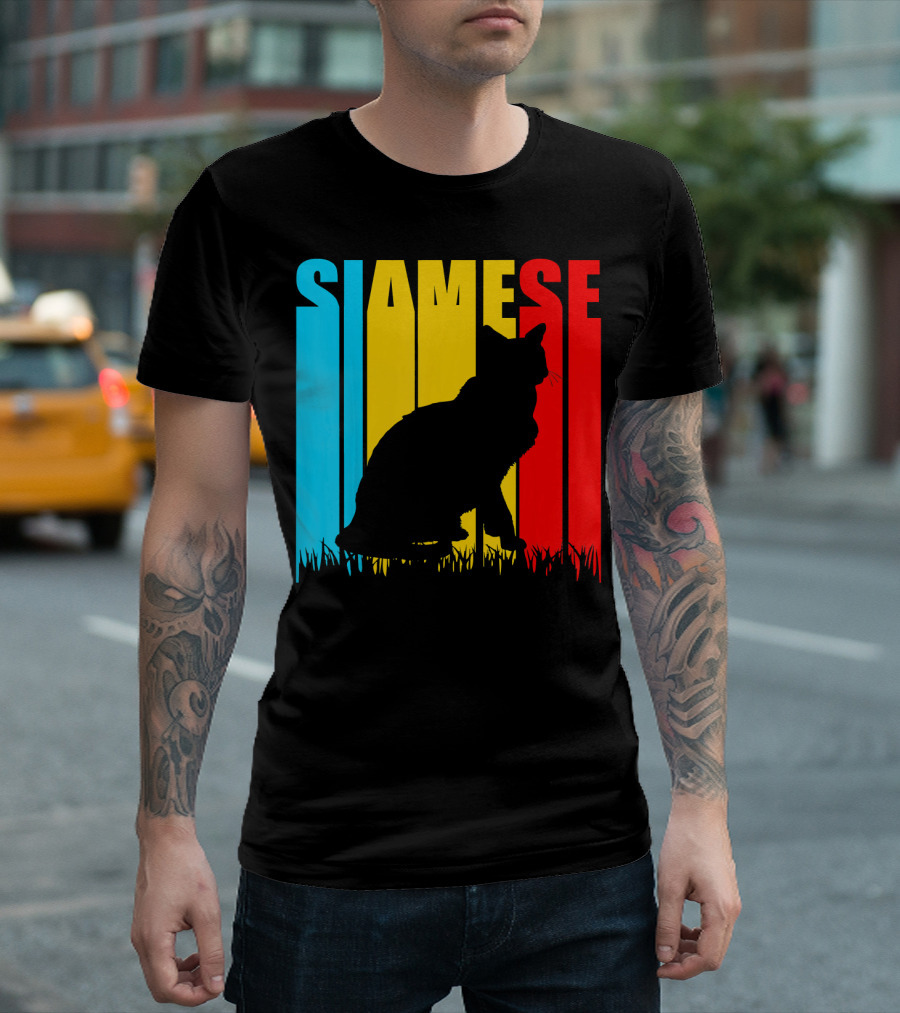 Siamese Cat Silhouette Retro Stripes T-Shirt