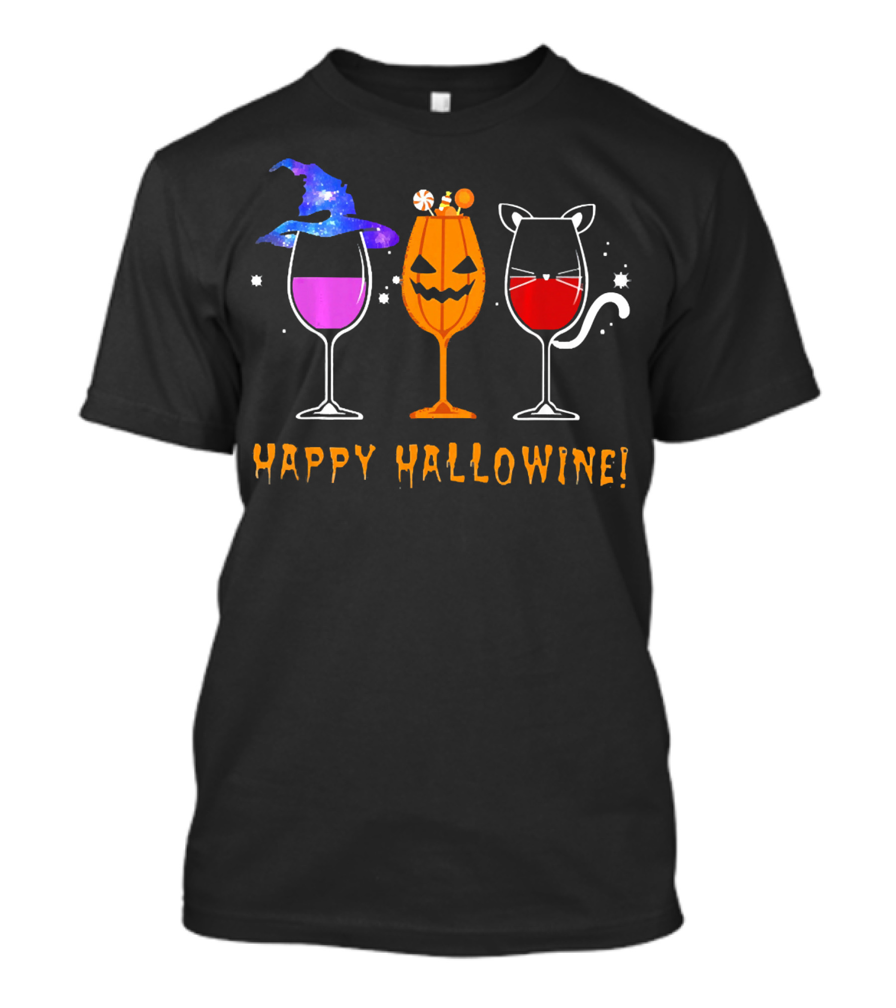 Happy Hallowine Witch Hat Pumpkin Cat Wine Glasses T-Shirt